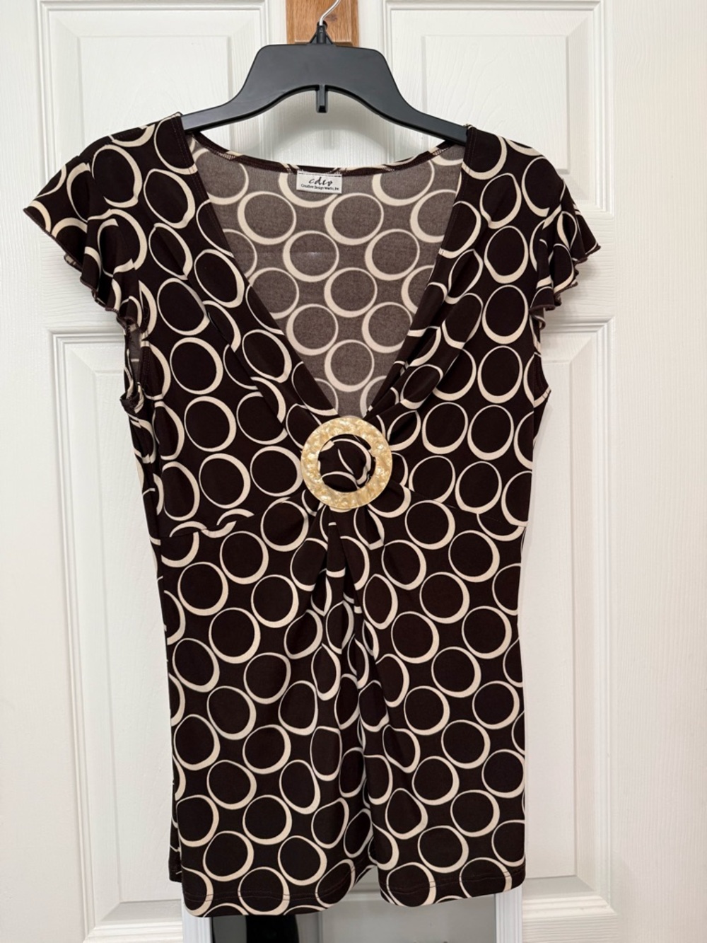 adl Brown and Cream Circle-Print V-Neck Blouse with Buckle